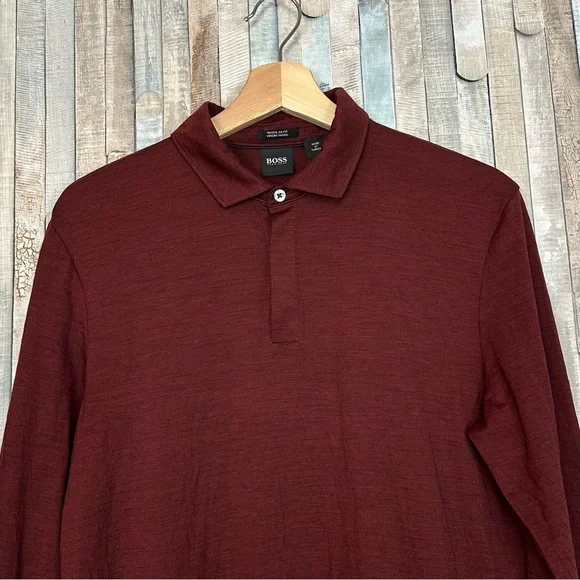 Hugo Boss S Burgundy Red 100% Virgin Wool Knit Polo Pullover Sweater Long Sleeve
